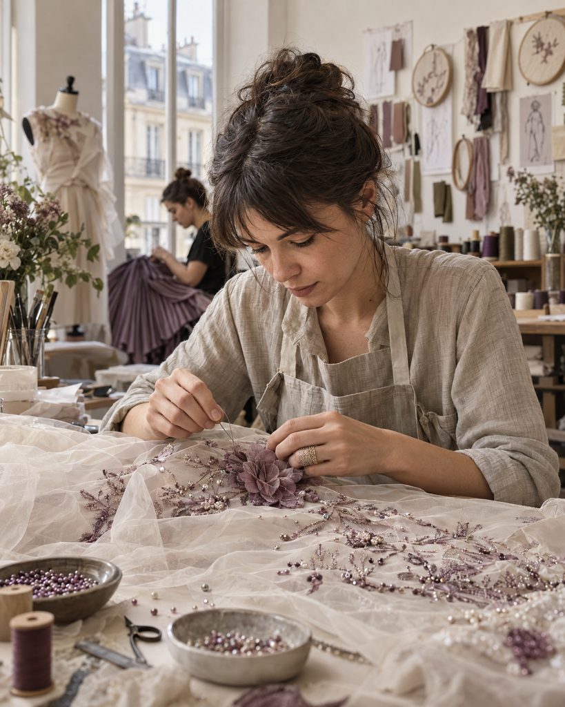 Paris secret : sons, odeurs et gestes d'un quartier. 3 Couturière cousant dans un atelier parisien, expérience immersive avec un artisan, mannequin et bobines en arrière-plan